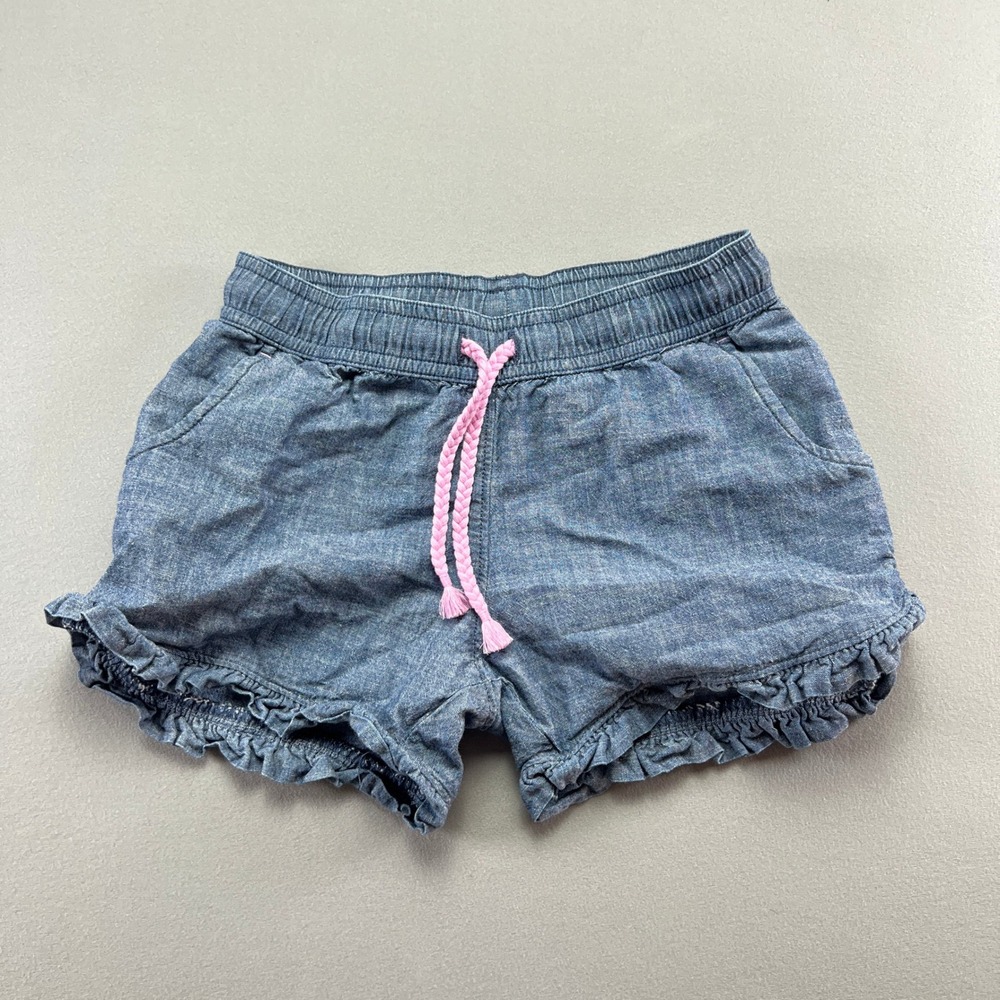 Lands' End Pull On Short Girls S 6-7 Blue Chambray Offset Side Pocket Ruffle Hem